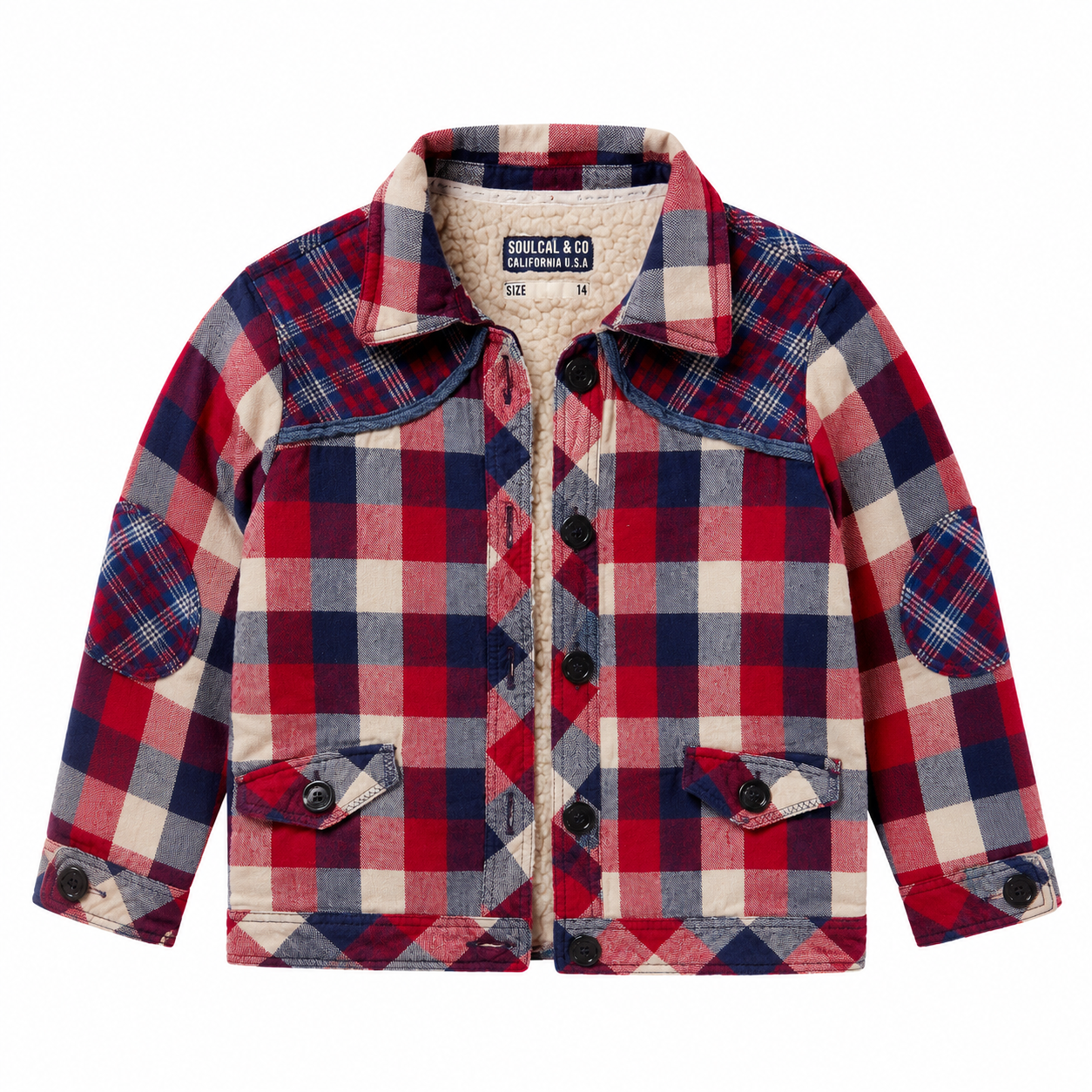 A children's plaid flannel jacket in red, navy, and cream, featuring a button-front closure, a pointed collar, and patch pockets on a white background.