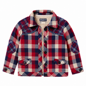 A children's plaid flannel jacket in red, navy, and cream, featuring a button-front closure, a pointed collar, and patch pockets on a white background.