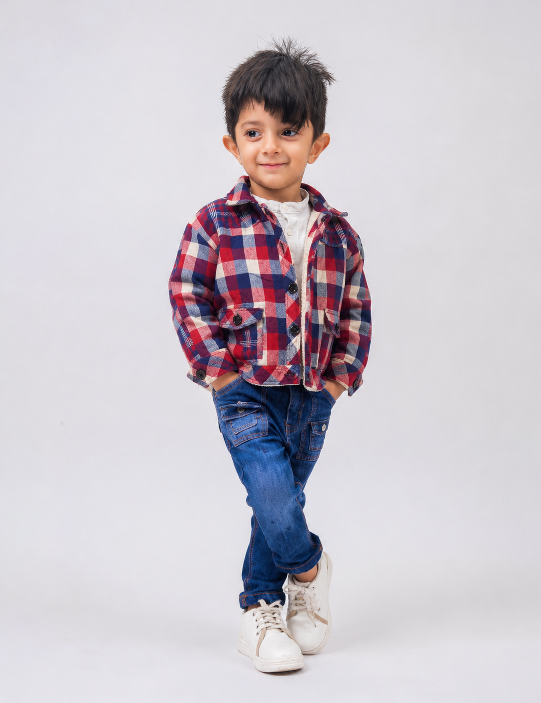 A young boy modeling a red, blue, and white plaid zip-up jacket over a white t-shirt, paired with blue jeans and white sneakers, standing against a light gray studio background.