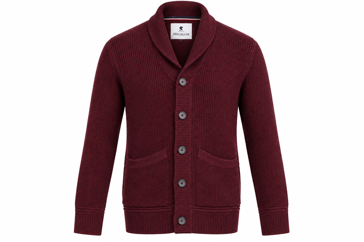  Soulcal & Co burgundy ribbed knit cardigan in UK XS. Features a shawl collar, button front, long sleeves and two pockets. Perfect for stylish layering.