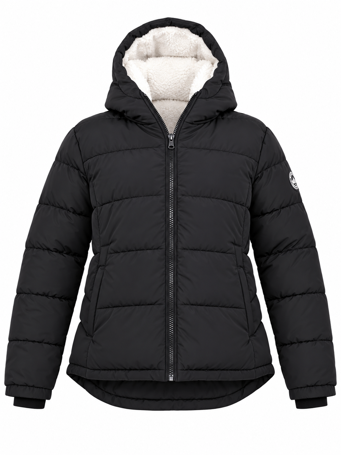 SOULCAL&CO Women's Black Quilted Puffer Jacket UK Size L. Featuring a cosy sherpa-lined hood, zip fastening and stylish padded winter design.