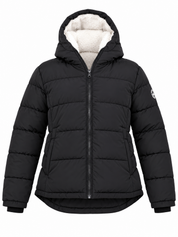 SOULCAL&CO Women's Black Quilted Puffer Jacket UK Size L. Featuring a cosy sherpa-lined hood, zip fastening and stylish padded winter design.