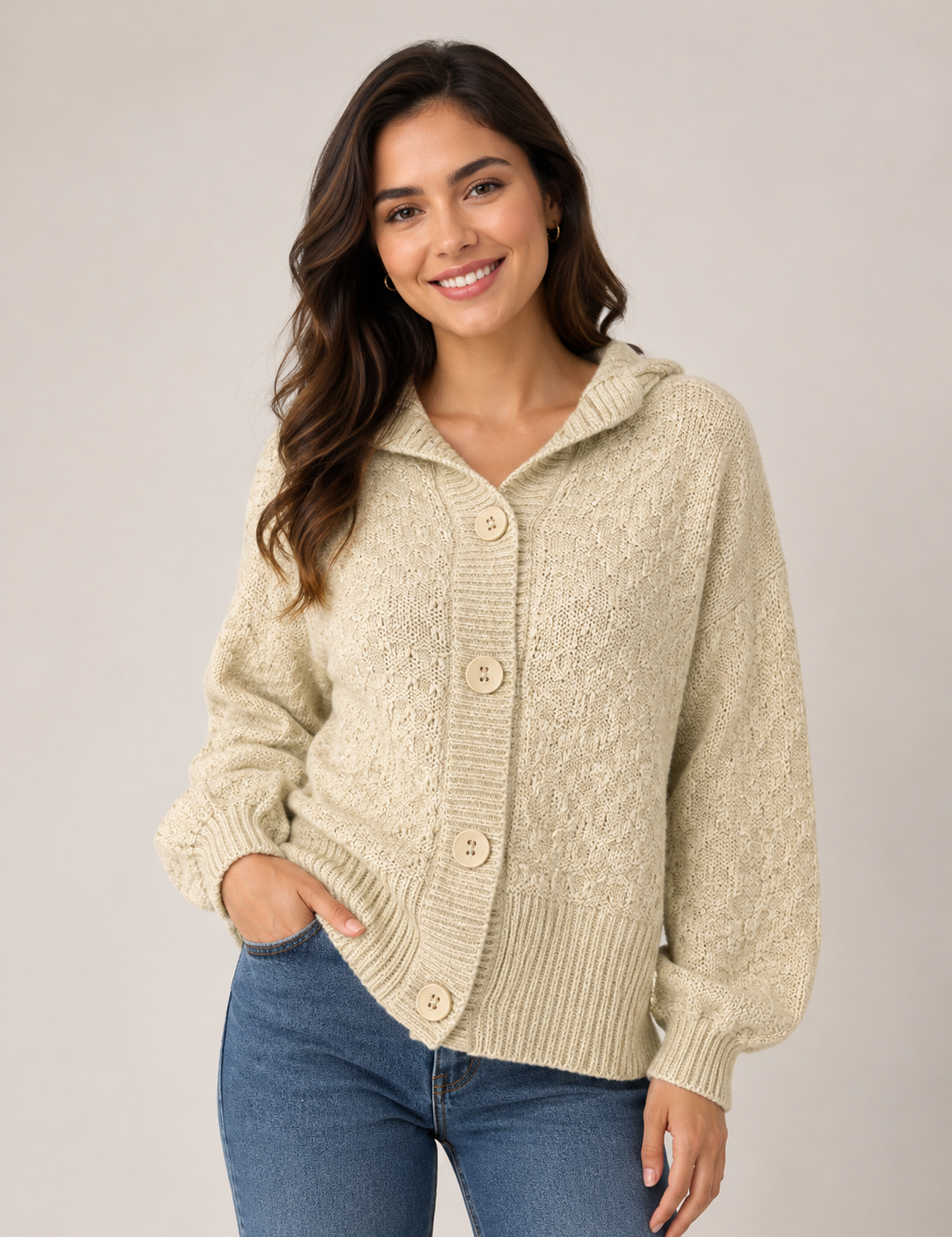  South Women's Cream Knitted Hooded Cardigan in UK XXL. Cozy textured knit, button-front design and versatile neutral colour, perfect for casual everyday wear.