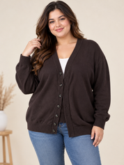  Southbay Women's Dark Brown V-Neck Button-Up Cardigan in UK Size 4XL. Stylish plus-size knitwear with a relaxed fit, perfect for everyday layering.