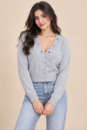  this St Michael light grey embroidered knit cardigan in UK Size S. Soft, stylish and perfect for effortless everyday layering.