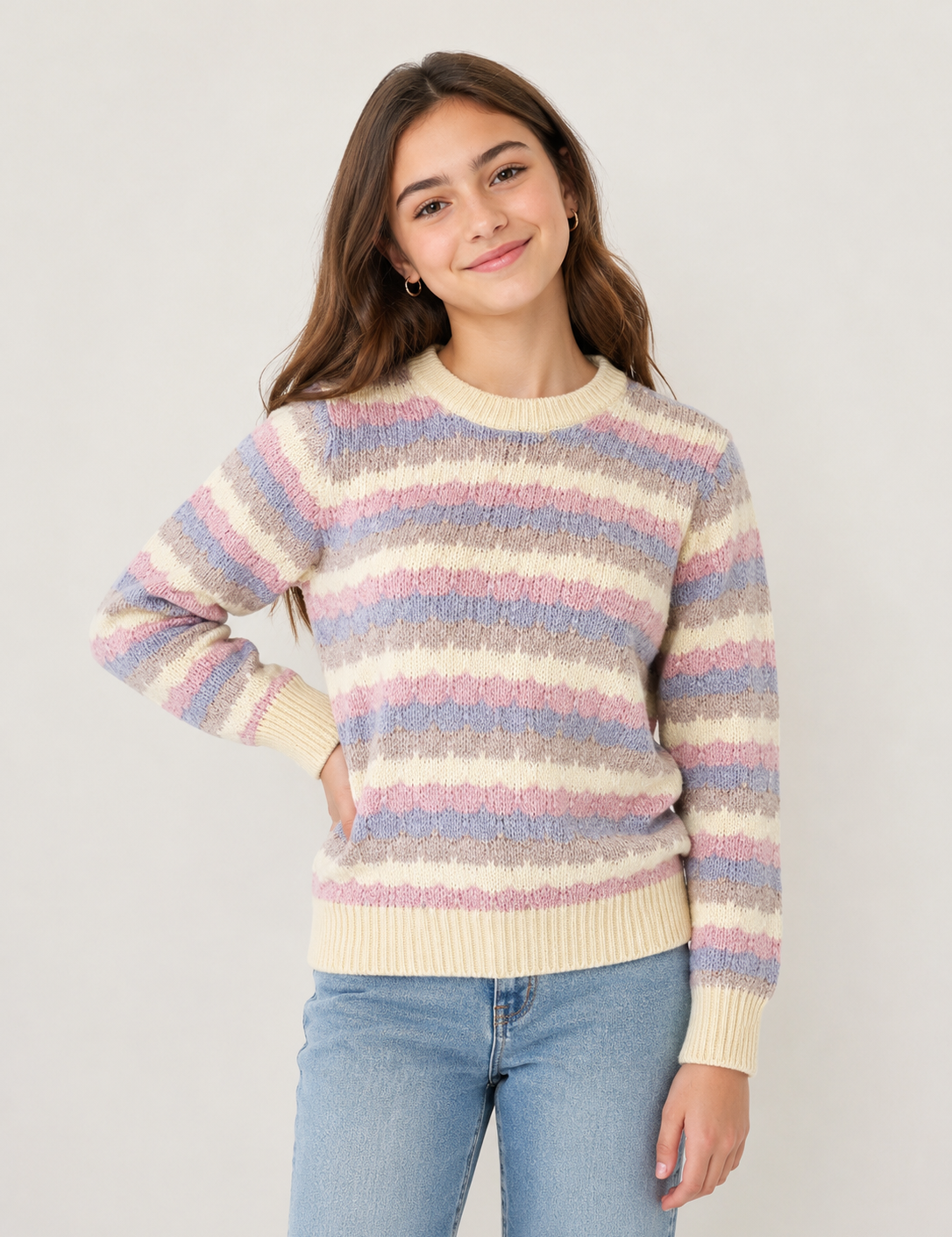  Status Pastel Striped Knit Jumper in UK Size 10. Soft textured sweater with pastel stripes, crew neck and long sleeves, perfect for stylish everyday wear.