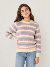  Status Pastel Striped Knit Jumper in UK Size 10. Soft textured sweater with pastel stripes, crew neck and long sleeves, perfect for stylish everyday wear.