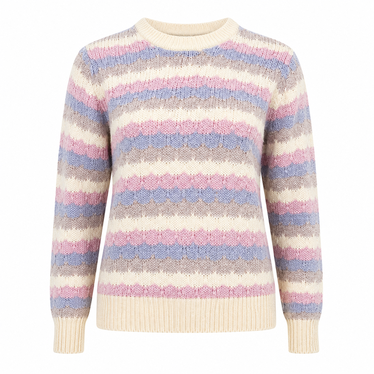  Status Pastel Striped Knit Jumper in UK Size 10. Soft textured sweater with pastel stripes, crew neck and long sleeves, perfect for stylish everyday wear.