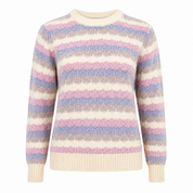  Status Pastel Striped Knit Jumper in UK Size 10. Soft textured sweater with pastel stripes, crew neck and long sleeves, perfect for stylish everyday wear.