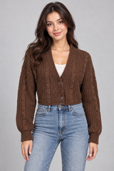 Stradivarius Women Brown Cropped Cable Knit Cardigan