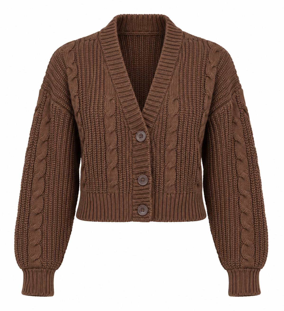   Stradivarius brown cropped cable knit cardigan in UK size S. Cosy button-front knitwear with a stylish V-neck and ribbed finish.