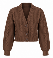   Stradivarius brown cropped cable knit cardigan in UK size S. Cosy button-front knitwear with a stylish V-neck and ribbed finish.