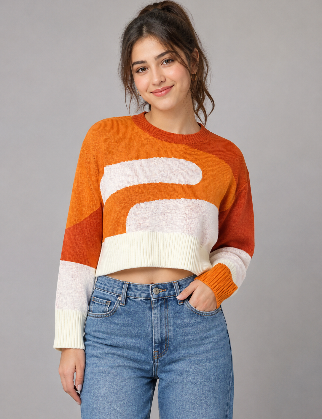  Stradivarius women’s orange and cream colour block knit jumper, UK Size S. Stylish cropped design with long sleeves, perfect for casual outfits.