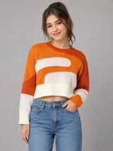 Stradivarius Womens Orange & Cream Colour Block Knit Jumper