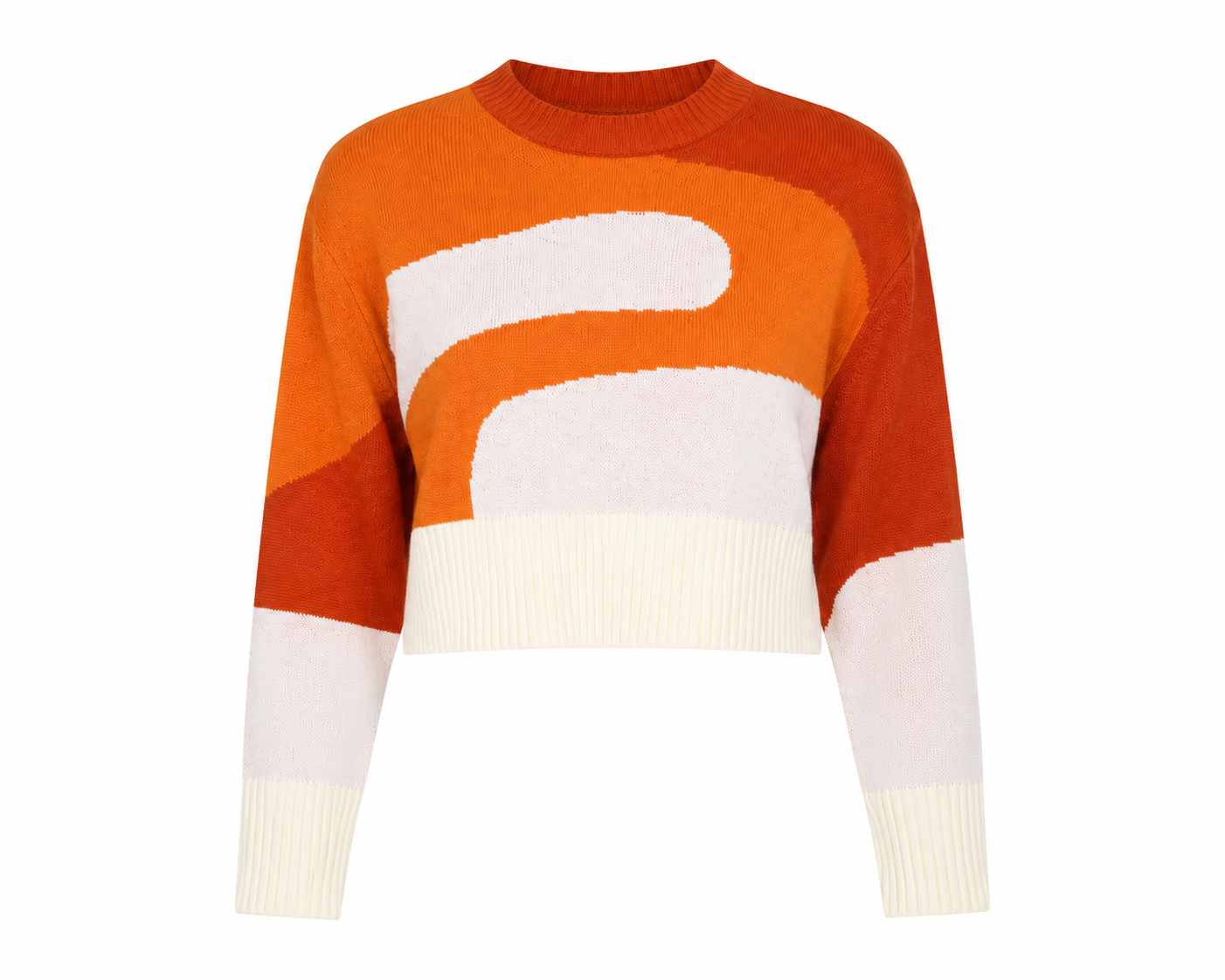  Stradivarius women’s orange and cream colour block knit jumper, UK Size S. Stylish cropped design with long sleeves, perfect for casual outfits.