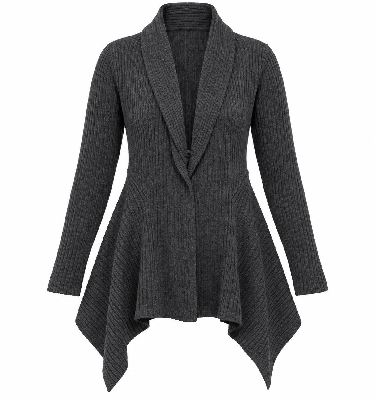 STREETWEAR women’s charcoal grey ribbed asymmetric cardigan in UK Size L. Stylish waterfall design, long sleeves and comfortable layering fit.
