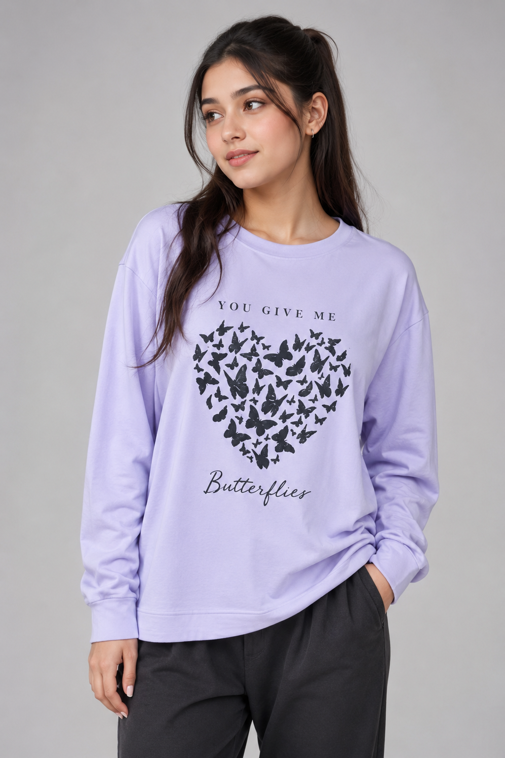 STUDIO lavender butterfly print sweatshirt in UK size 12/14. Stylish crew neck design with long sleeves and a beautiful butterfly-heart graphic.