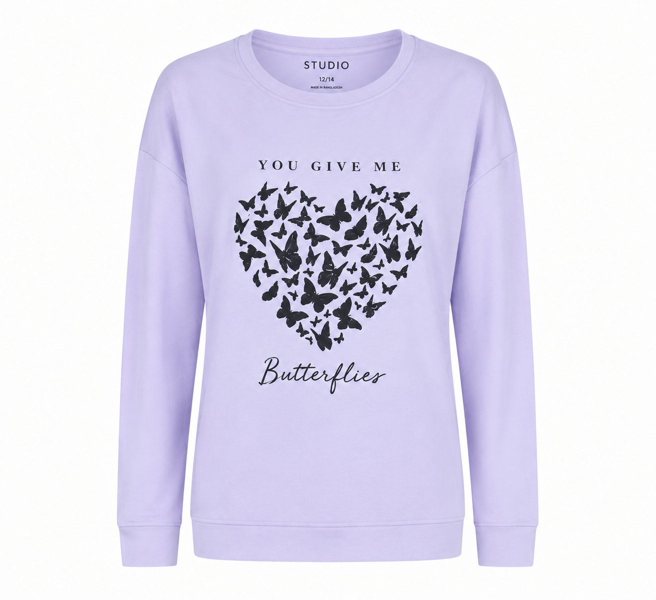 STUDIO lavender butterfly print sweatshirt in UK size 12/14. Stylish crew neck design with long sleeves and a beautiful butterfly-heart graphic.