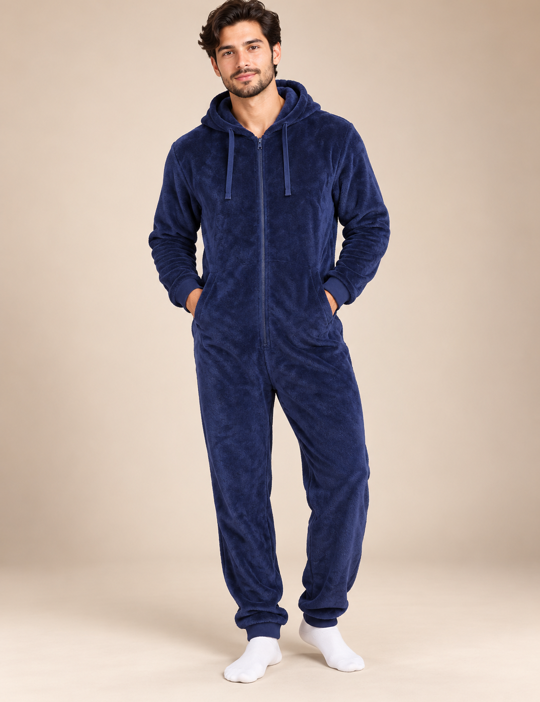 STUDIO Men's Navy Blue Fleece Hooded Onesie in UK 2XL. Soft, cosy full-zip loungewear with drawstring hood. Chest 23", length 57".