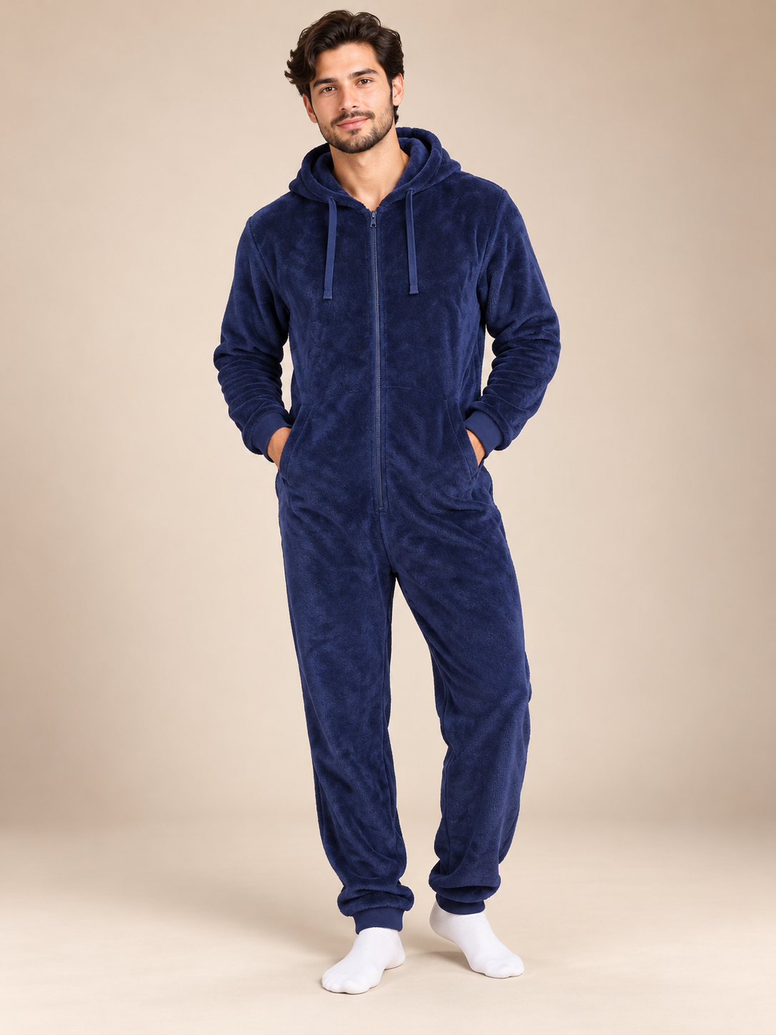 STUDIO Men's Navy Blue Fleece Hooded Onesie in UK 2XL. Soft, cosy full-zip loungewear with drawstring hood. Chest 23", length 57".