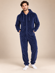 STUDIO Men's Navy Blue Fleece Hooded Onesie in UK 2XL. Soft, cosy full-zip loungewear with drawstring hood. Chest 23", length 57".
