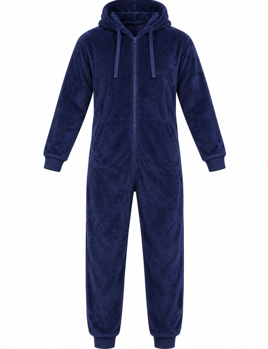 STUDIO Men's Navy Blue Fleece Hooded Onesie in UK 2XL. Soft, cosy full-zip loungewear with drawstring hood. Chest 23", length 57".