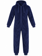 STUDIO Men's Navy Blue Fleece Hooded Onesie in UK 2XL. Soft, cosy full-zip loungewear with drawstring hood. Chest 23", length 57".