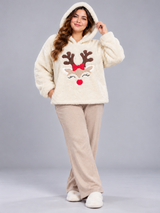STUDIO Women Cream Reindeer Sherpa Fleece Hoodie