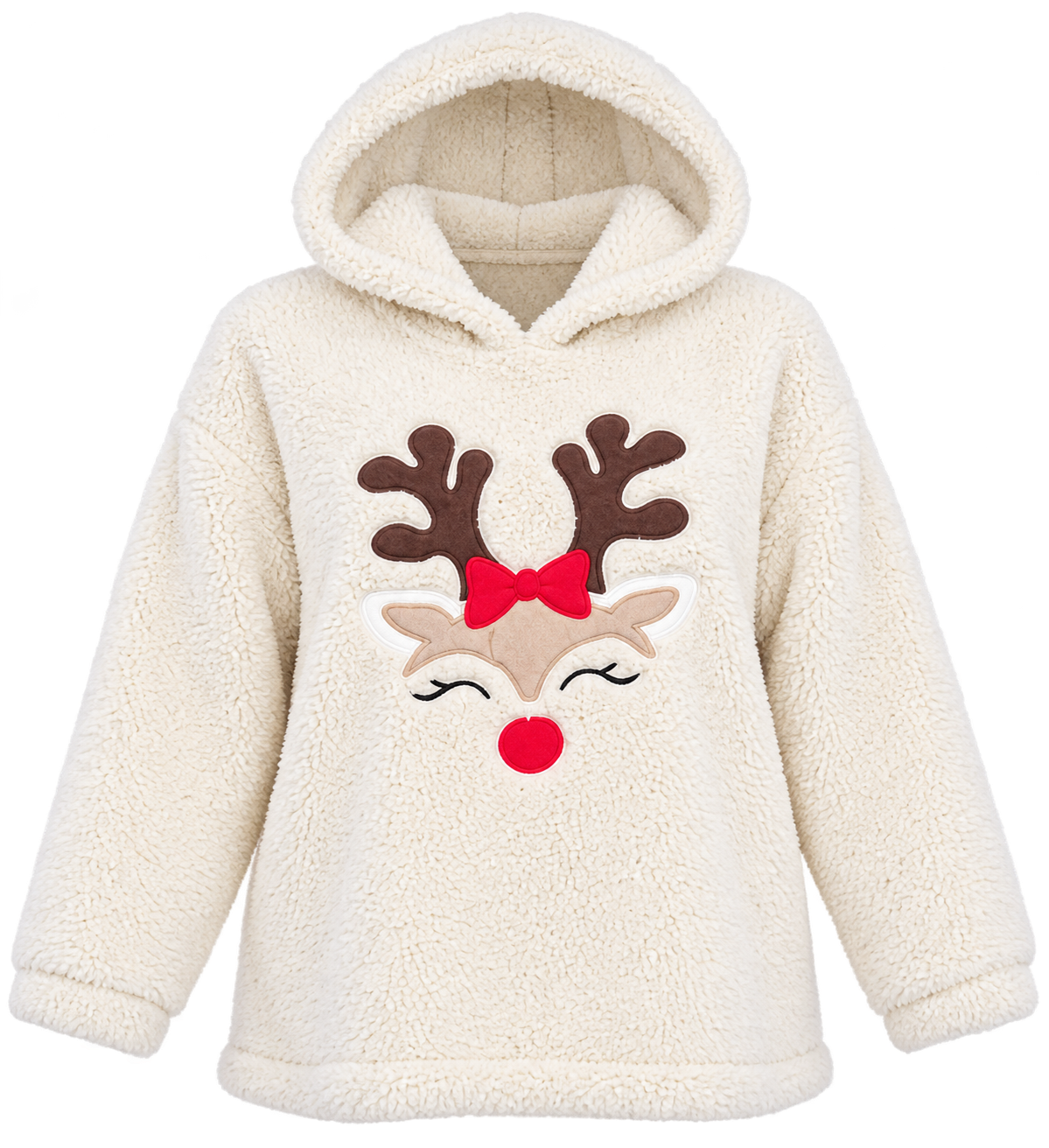 STUDIO Women's Cream Reindeer Sherpa Fleece Hoodie in UK 4XL. Soft, cosy plus-size winter pullover with cute festive design. Chest 27", length 28".