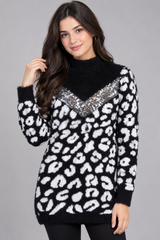 Studio Women’s Black & White Leopard Print Fuzzy Knit Jumper Dress with Sequin V-Neck
