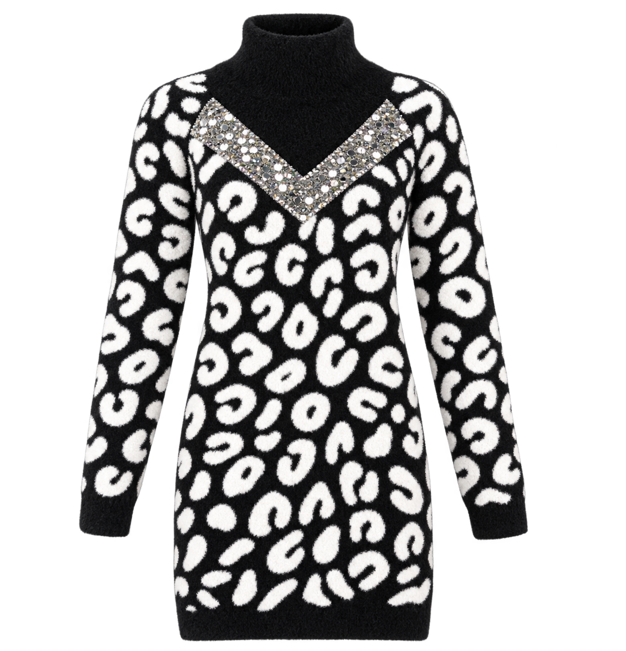 Studio, Studio womens jumper, womens jumper dress, black white jumper, leopard print jumper, fuzzy knit dress, womens knitwear, sequin jumper, turtleneck dress, winter jumper dress, long sleeve knit dress, UK size L, womens winter fashion, cosy knitwear, statement jumper, animal print knitwear