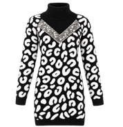Studio, Studio womens jumper, womens jumper dress, black white jumper, leopard print jumper, fuzzy knit dress, womens knitwear, sequin jumper, turtleneck dress, winter jumper dress, long sleeve knit dress, UK size L, womens winter fashion, cosy knitwear, statement jumper, animal print knitwear