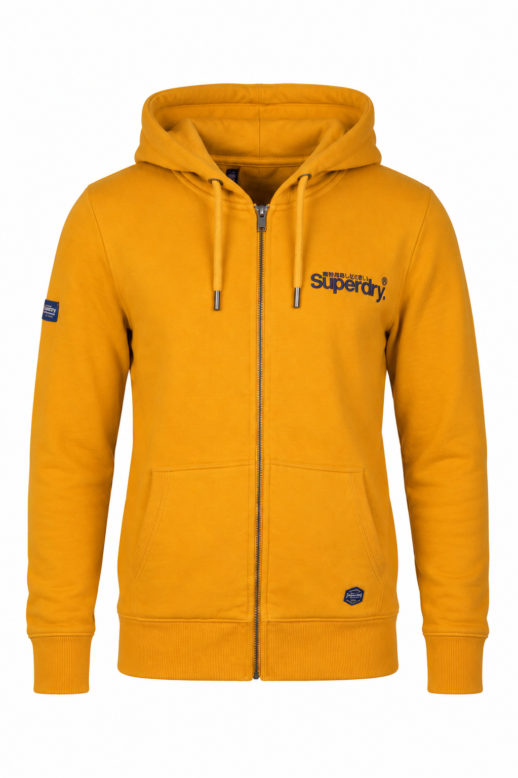 SUPER DRY men's mustard yellow full-zip graphic hoodie, UK Size S, featuring a purple mountain back print, hood, pockets and ribbed trims.