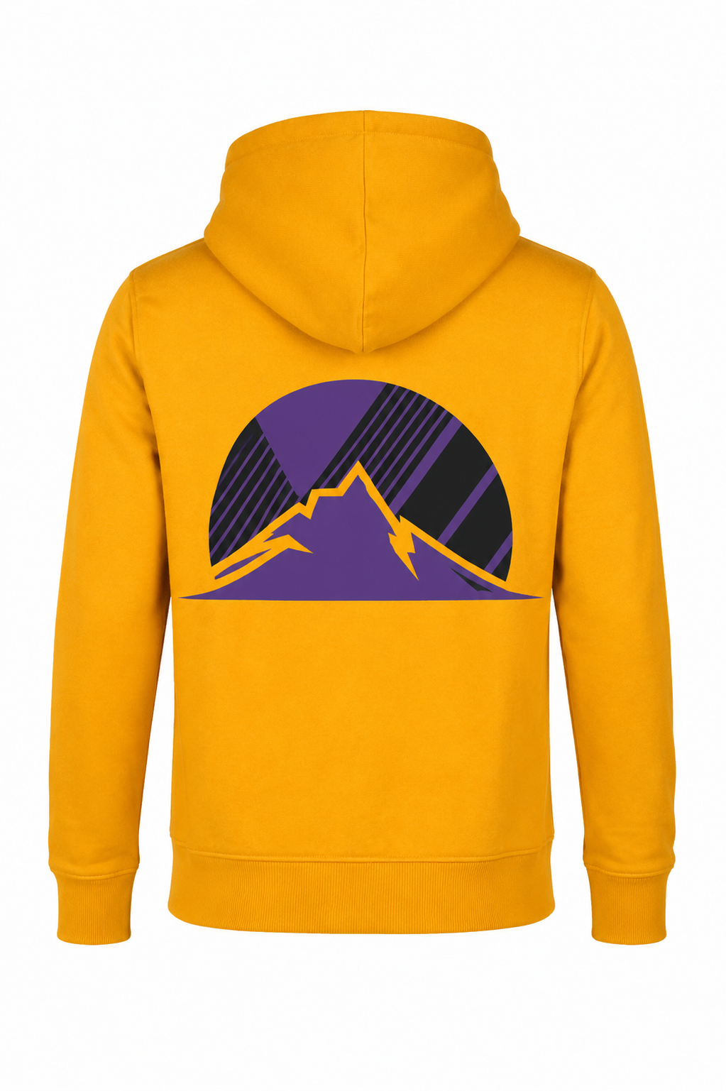 SUPER DRY men's mustard yellow full-zip graphic hoodie, UK Size S, featuring a purple mountain back print, hood, pockets and ribbed trims.
