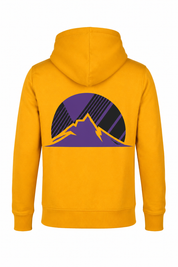 SUPER DRY men's mustard yellow full-zip graphic hoodie, UK Size S, featuring a purple mountain back print, hood, pockets and ribbed trims.