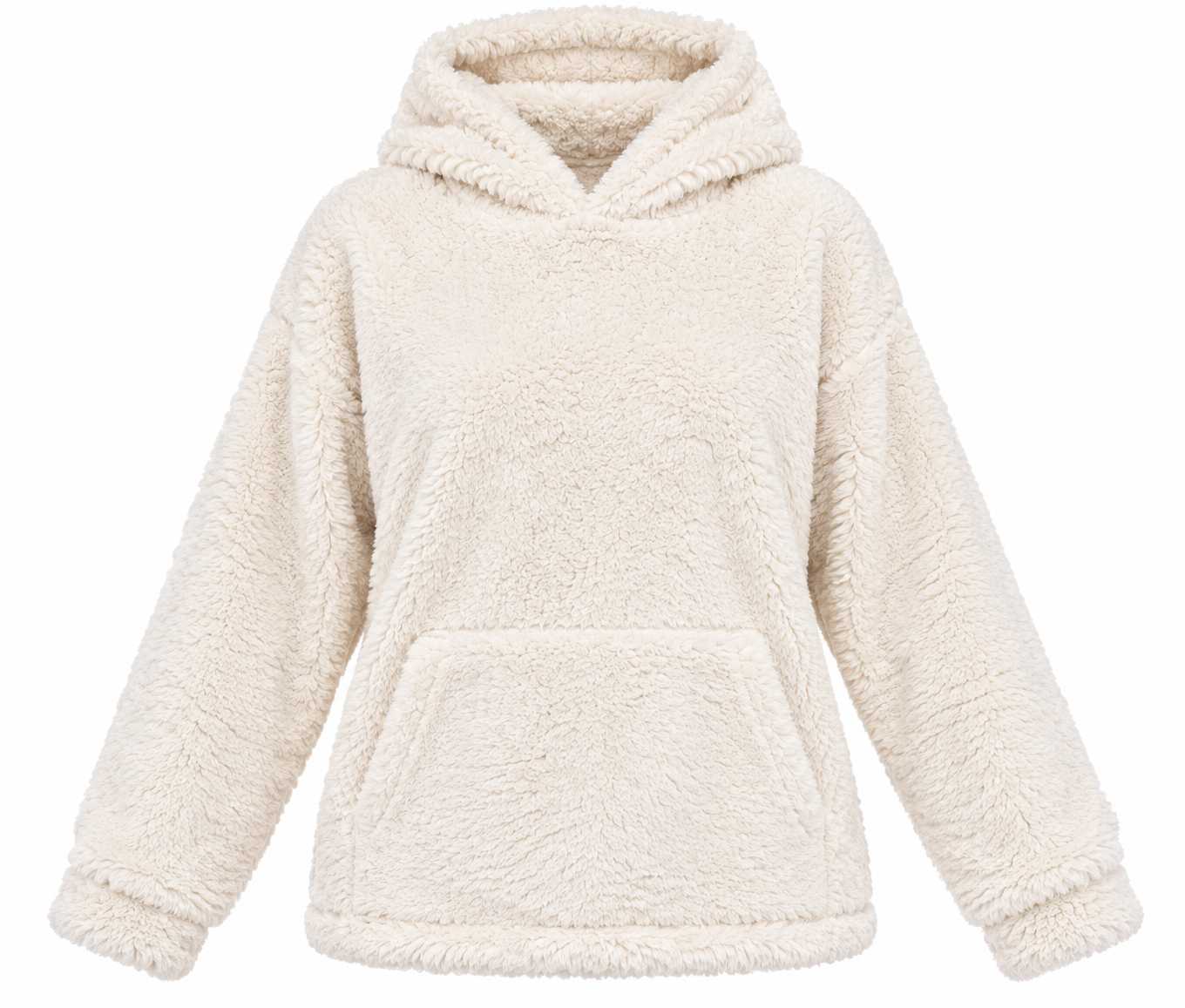 the SUPER SOFT Women’s Cream Teddy Fleece Hoodie in UK Size XL. Cozy sherpa texture, relaxed fit, hood and kangaroo pocket for comfortable winter wear.