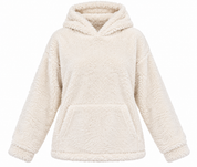 the SUPER SOFT Women’s Cream Teddy Fleece Hoodie in UK Size XL. Cozy sherpa texture, relaxed fit, hood and kangaroo pocket for comfortable winter wear.
