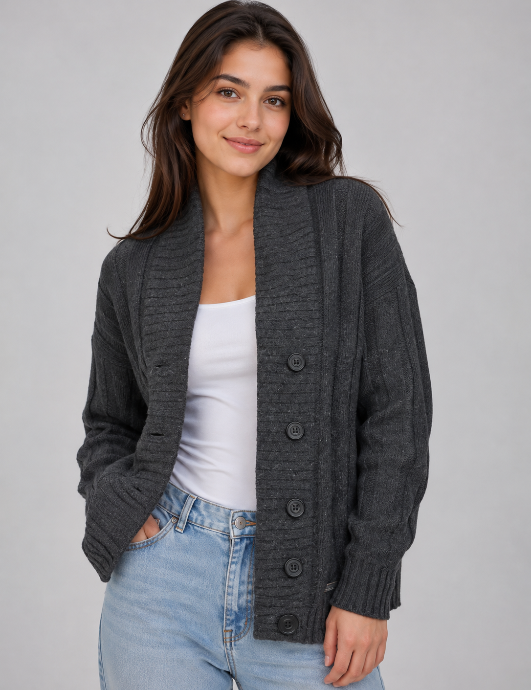  Superdry girls' charcoal grey ribbed knit cardigan in UK size M. Stylish button-front design with long sleeves, perfect for casual layering.