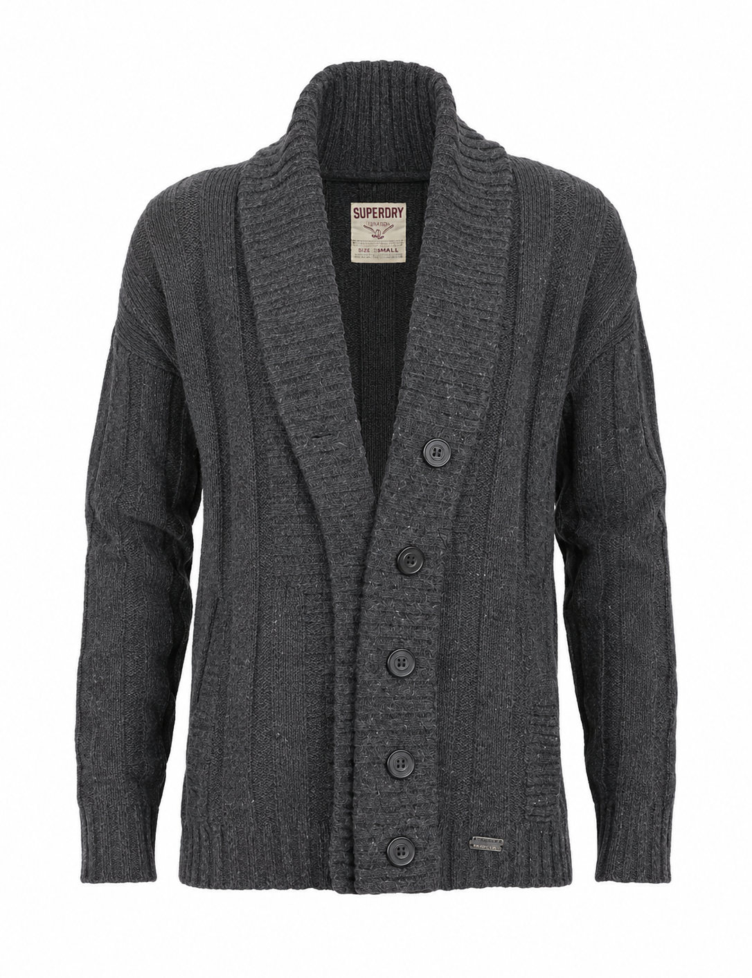  Superdry girls' charcoal grey ribbed knit cardigan in UK size M. Stylish button-front design with long sleeves, perfect for casual layering.