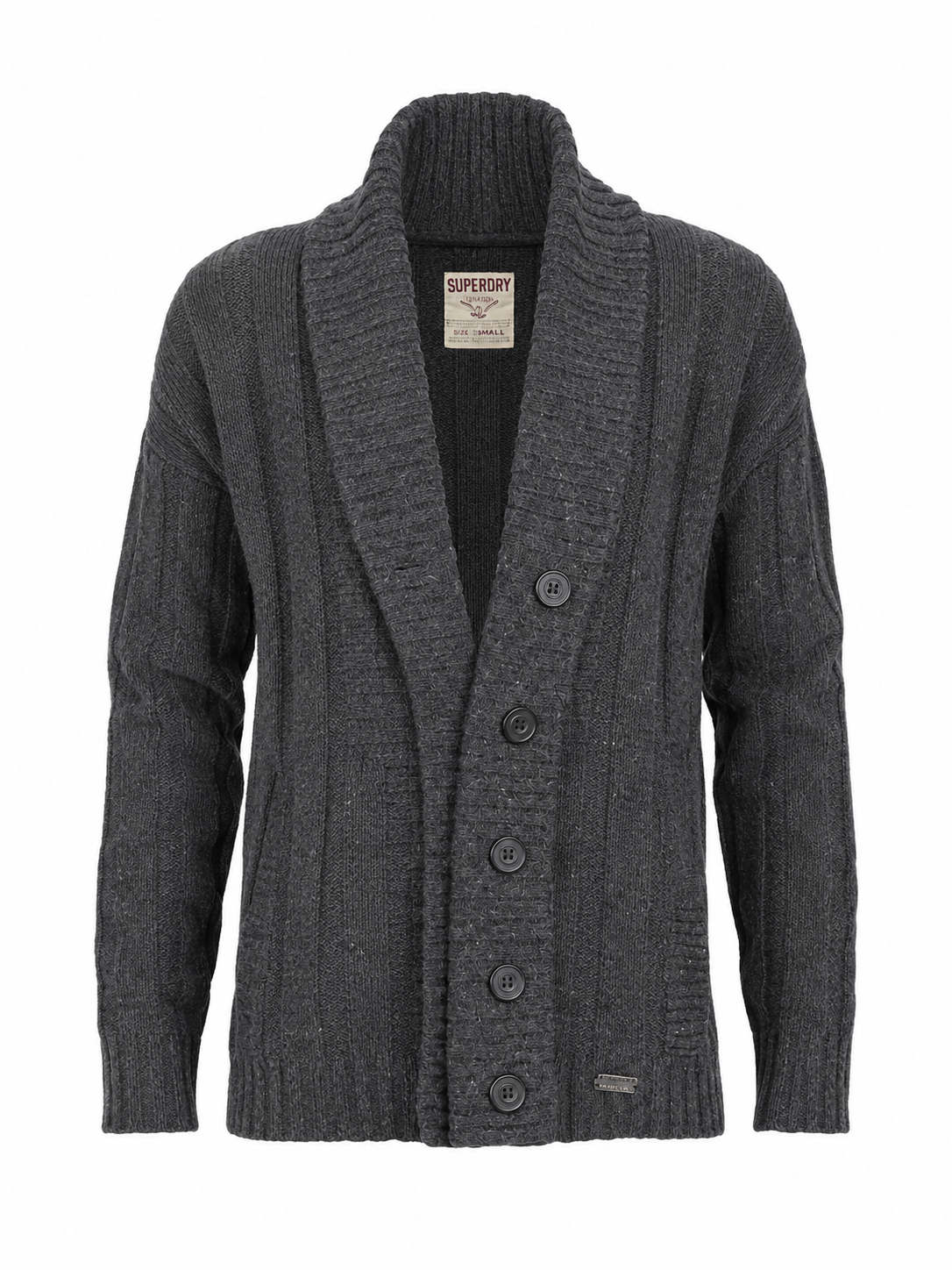  Superdry girls' charcoal grey ribbed knit cardigan in UK size M. Stylish button-front design with long sleeves, perfect for casual layering.