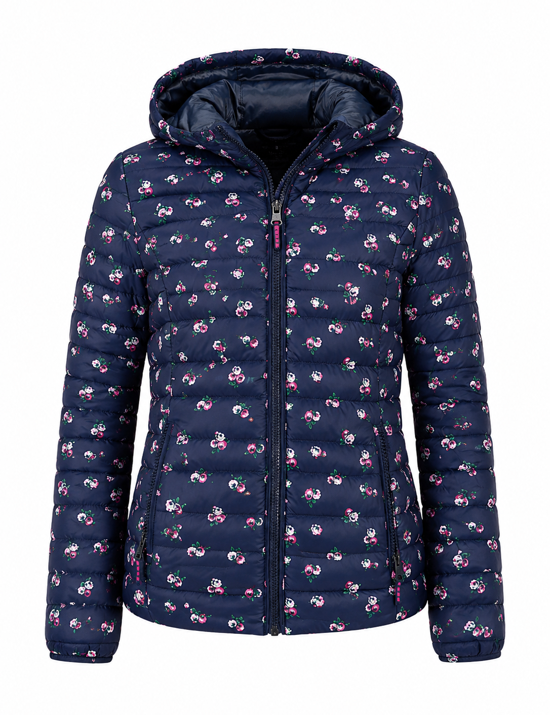 Superdry Women's Navy Floral Hooded Puffer Jacket in UK Size M, featuring a quilted padded design, floral print, hood and zip pockets. Stylish and cosy winter outerwear.