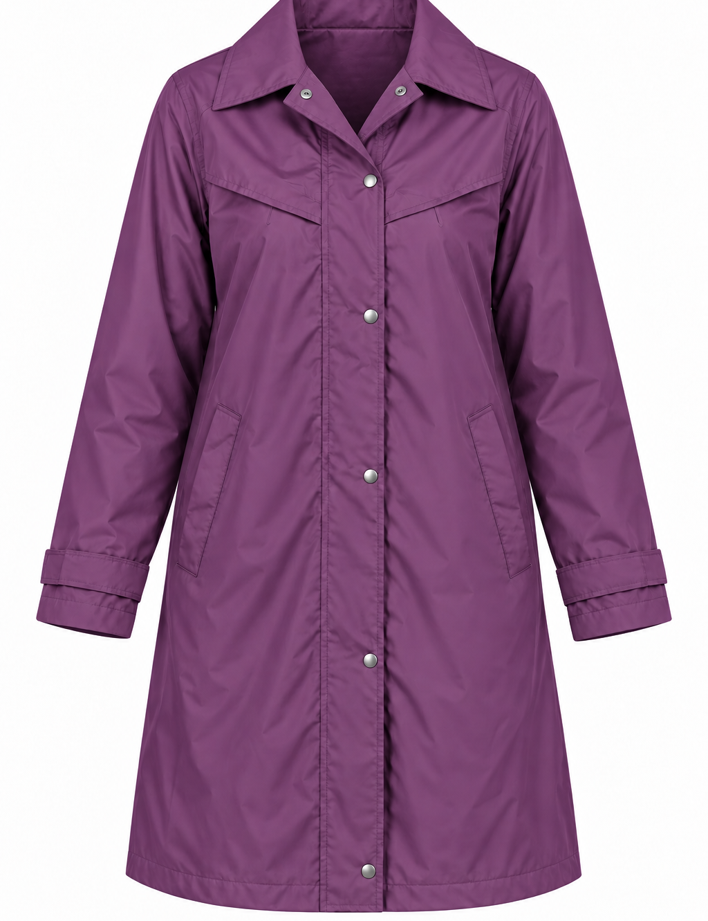  Target Dry women’s purple longline waterproof coat in UK size 14. Smart collar, popper fastening and practical pockets—ideal for rainy days.