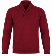 TED BAKER men’s burgundy shawl collar knit jumper in UK Size L. Stylish cable-knit detailing, button neck and ribbed finish for winter wear.