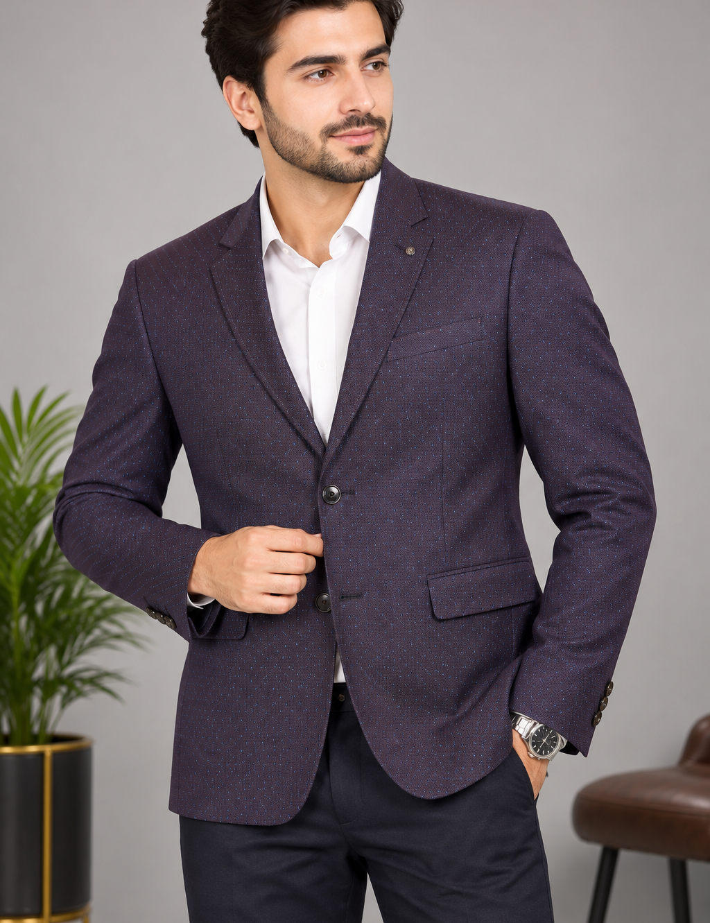 navy formal jacket with subtle blue dots, ideal for weddings, office and parties.