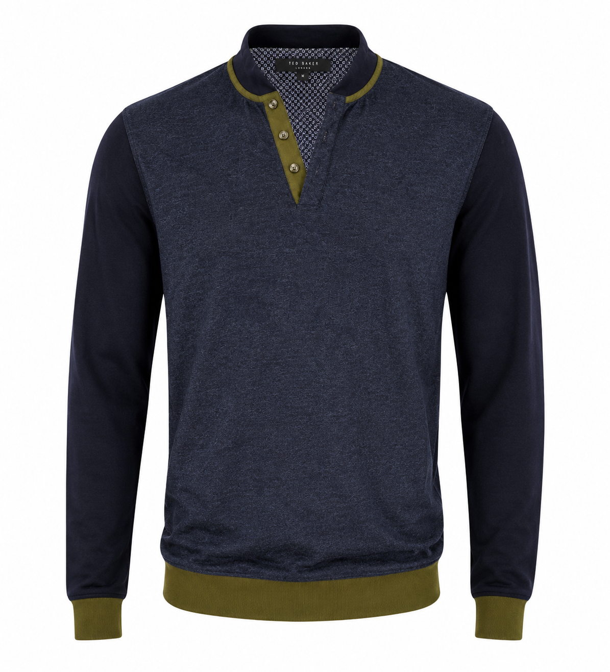 Ted Baker men’s navy blue long sleeve Henley pullover in UK Size S. Features stylish olive trim, button neckline, ribbed cuffs and versatile smart-casual styling.