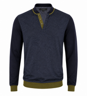 Ted Baker men’s navy blue long sleeve Henley pullover in UK Size S. Features stylish olive trim, button neckline, ribbed cuffs and versatile smart-casual styling.