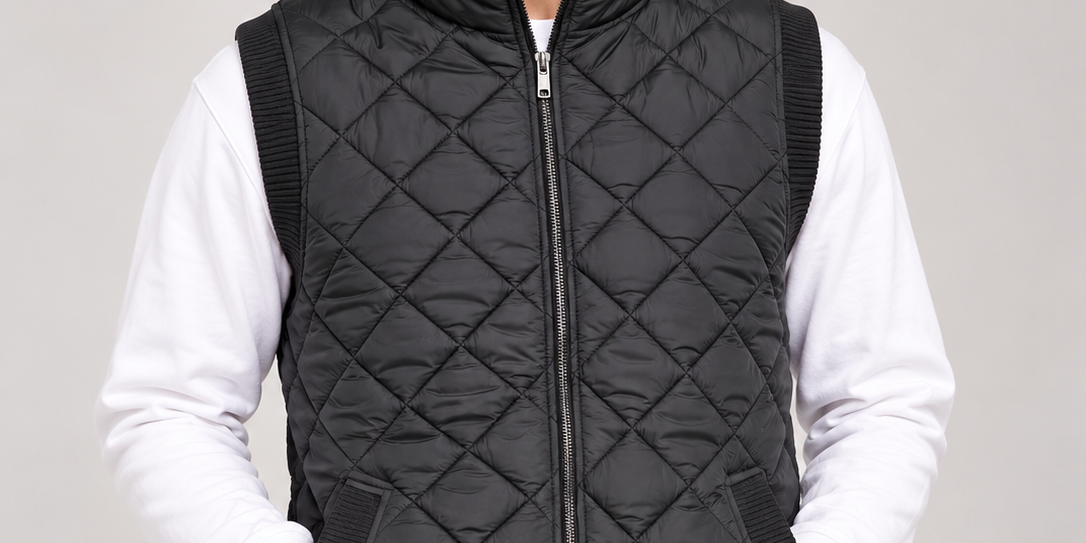 TEENIE WEENIE men’s black quilted puffer gilet in UK Size S. Stylish sleeveless padded jacket with zip fastening, pockets and ribbed trims.