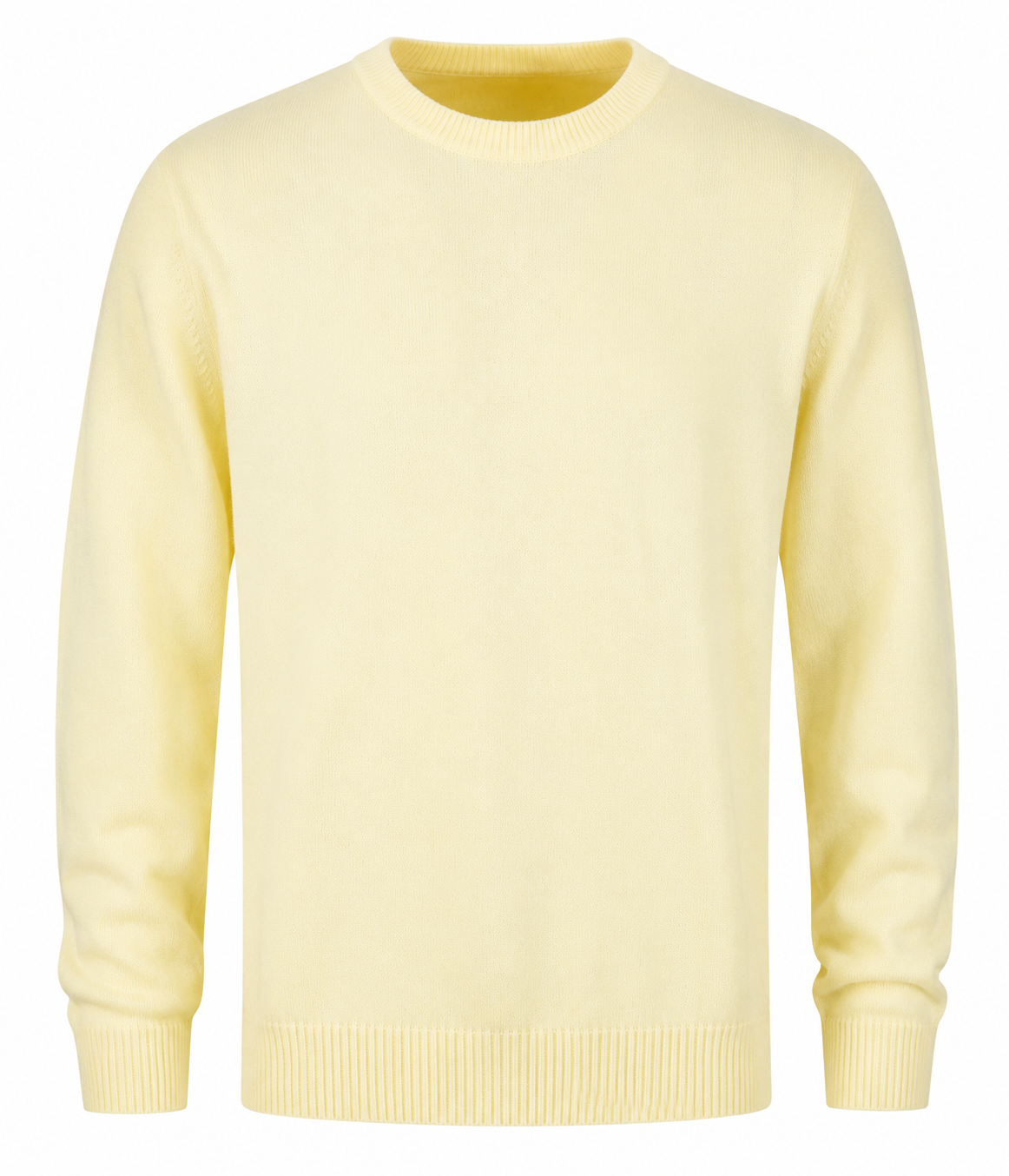  The Camici Men’s Pale Yellow Crew Neck Knit Jumper in UK Size M. A stylish plain sweater with long sleeves, ribbed cuffs and a versatile smart-casual design.