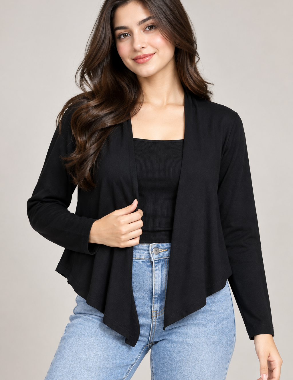  The Collection Debenhams women’s black waterfall cardigan in UK Size 16. Stylish short-length open-front design with long sleeves for versatile layering.