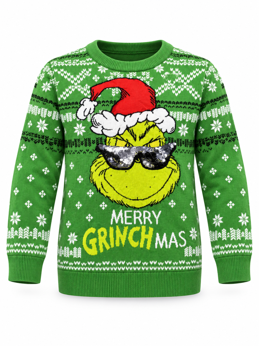  The Grinch boys’ green Christmas jumper, UK 9–10 years, featuring sequin sunglasses, Fair Isle patterns and Merry Grinchmas lettering.